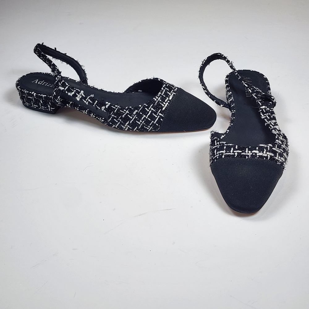 Adrizzlein Tweed Slingback Flats Womens 9 Black‎ White Cap Toe Shoes Office Work